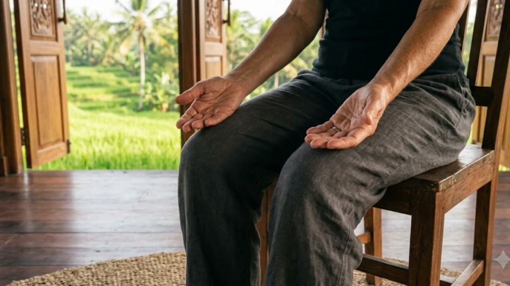Open hands resting on the knees in a seated chair position