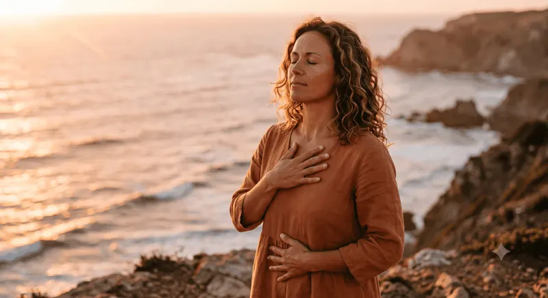 Woman resting a hand on her chest while breathing slowly beside the ocean at sunset