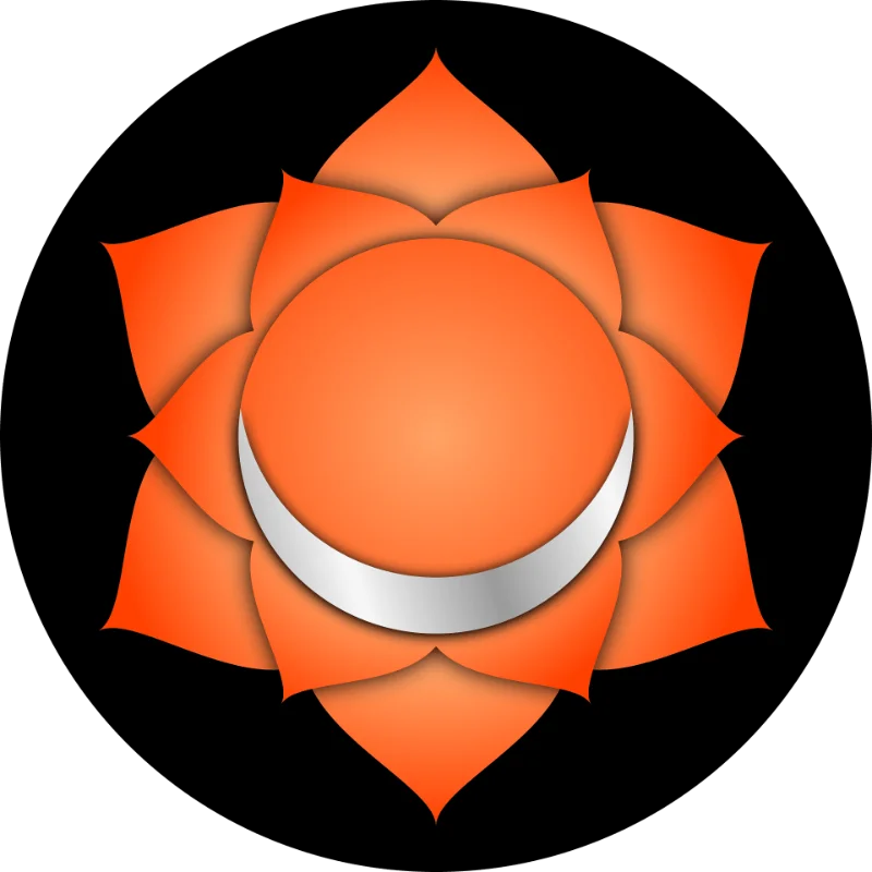 Svadhisthana sacral chakra symbol, an orange lotus with a silver crescent moon