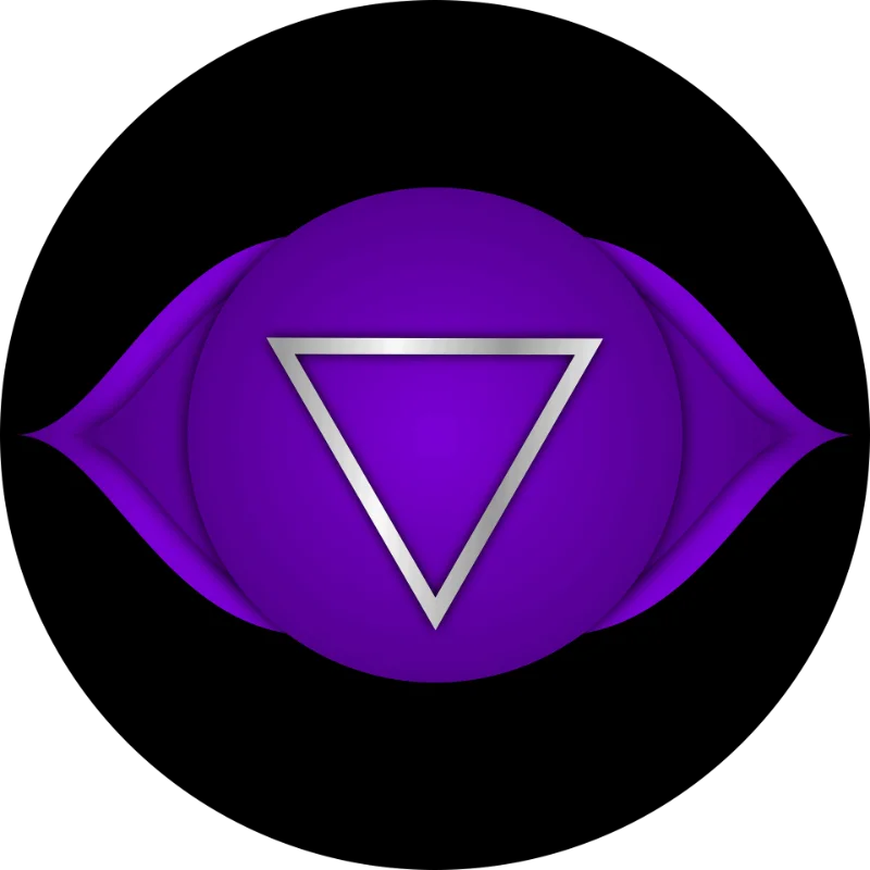 Ajna third eye chakra symbol, a downward-pointing triangle inside a purple two-petalled lotus