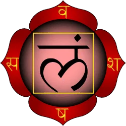 Muladhara root chakra symbol, a red four-petalled lotus with the seed syllable lam at its centre